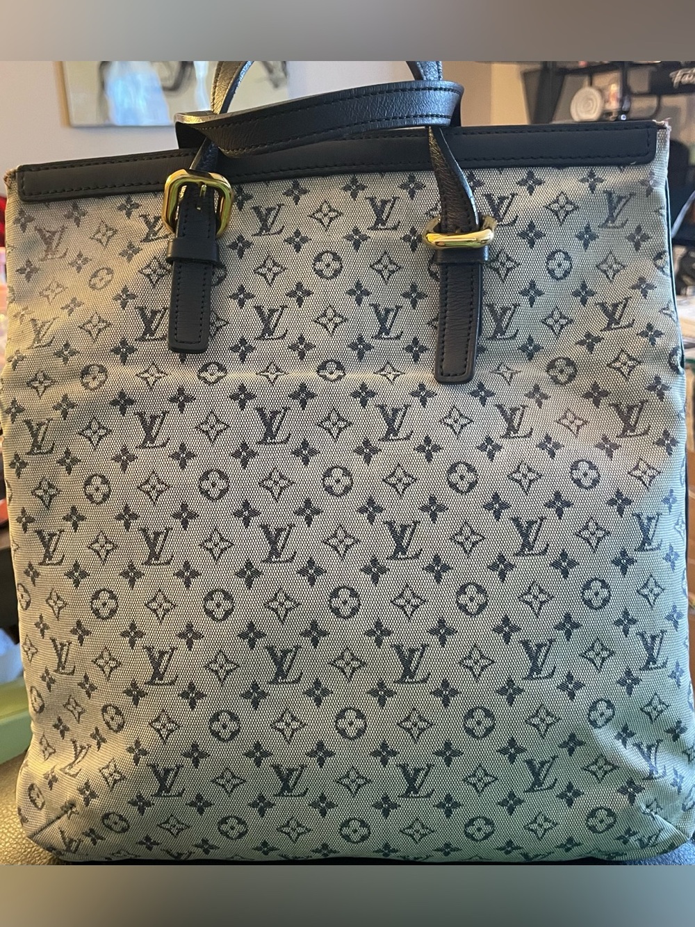 Louis Vuitton Grey Monogram Canvas Tote with Black Leather Trim